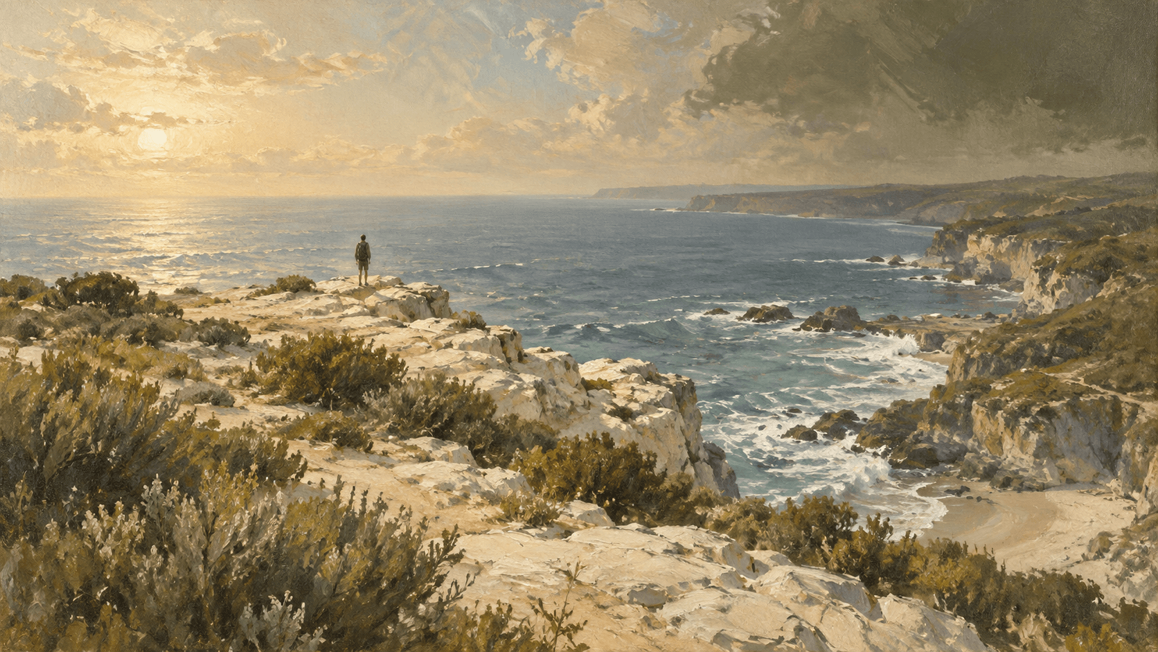 A painted Australian coast, with a lone figure looking toward the sea.
