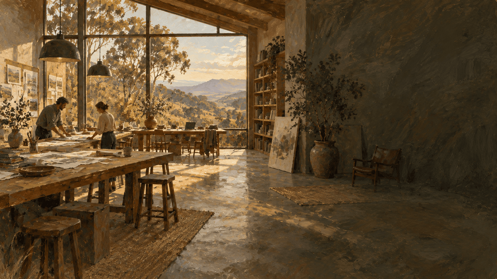 A painted design studio with two people working together on plans.